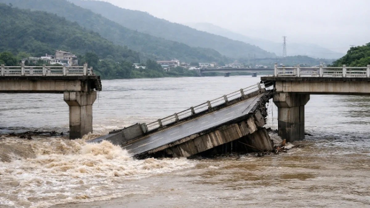 Floodwaters Sweep Away Bridge Sections in China’s Guangdong Province