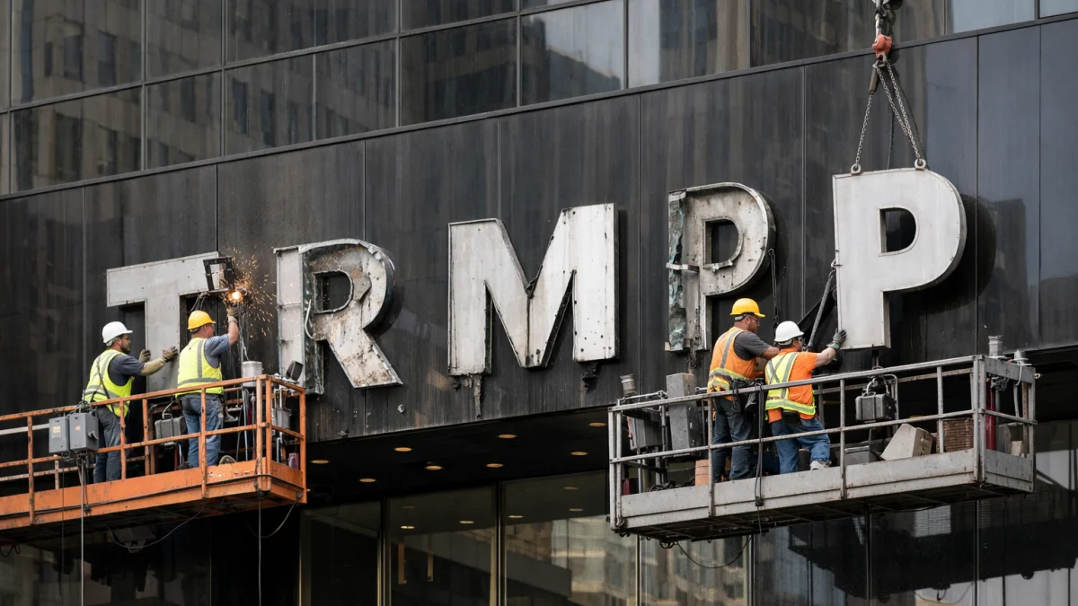 Construction Workers Begin Removing Trump Name from Landmark
