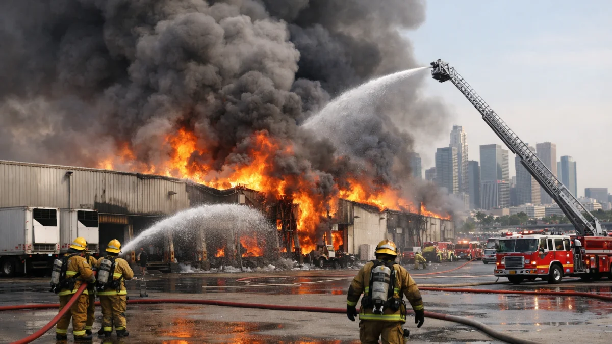 Cold Storage Warehouse Fire Continues to Burn in Los Angeles
